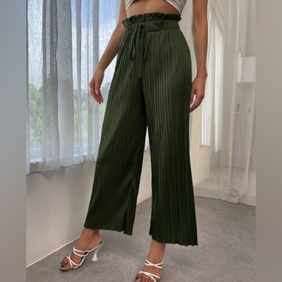 Pleated Green Wide-Leg Pants - Picture 1 of 6